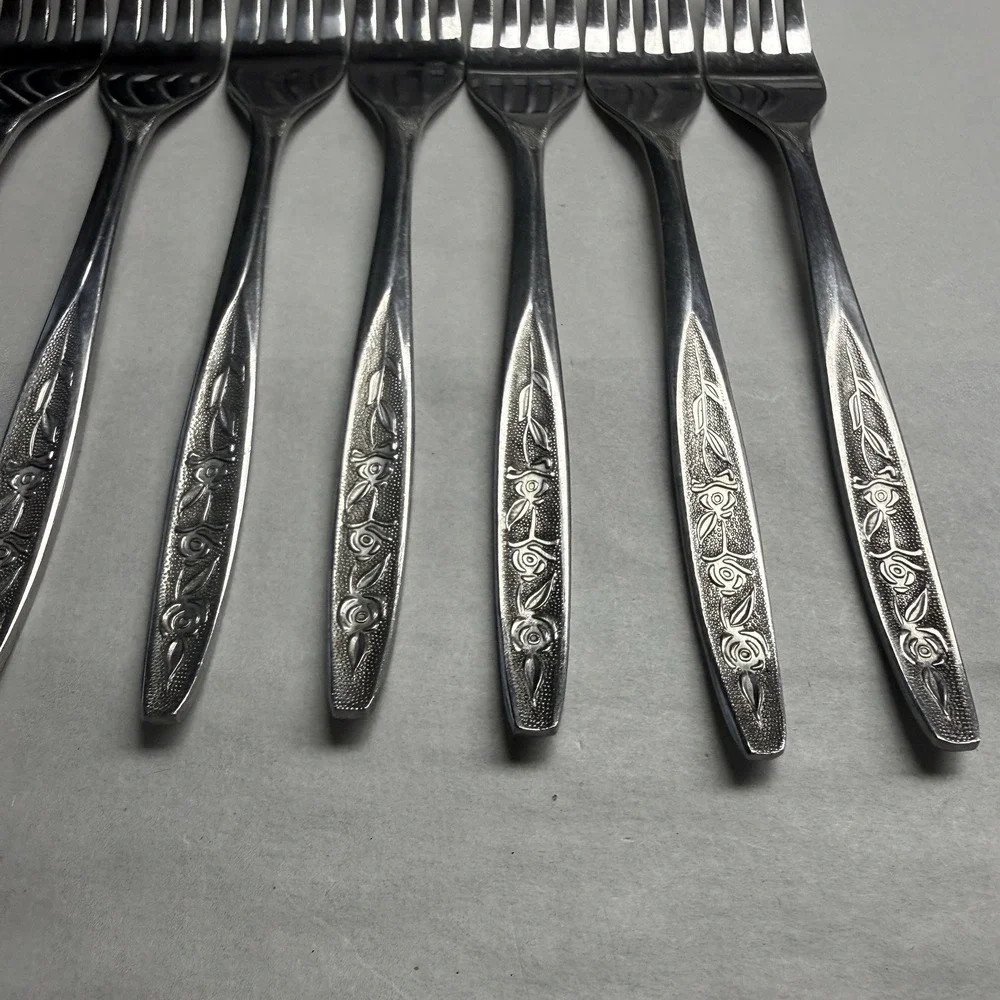 8 Vintage Customcraft CUS1 Dinner Forks Roses Stainless Steel Flatware